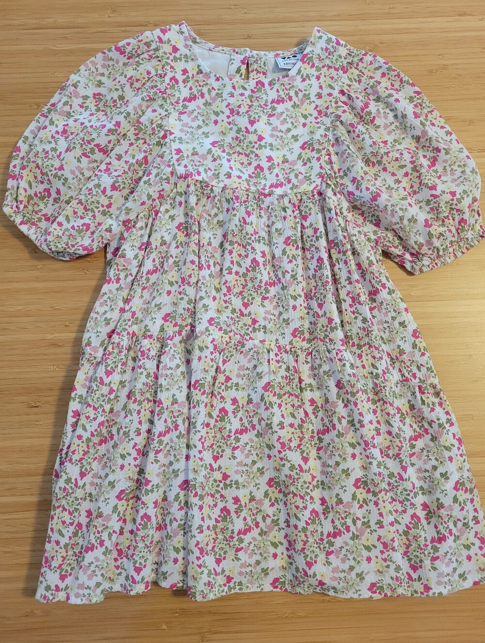 Girls Floral Puff-Sleeve Dress in Pink and Green 6 Years